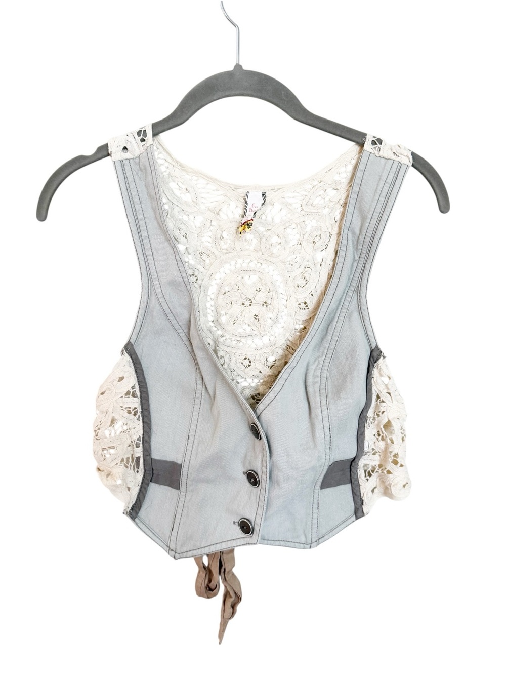 Free People Denim & Crochet Lace Mixed Media Vest | Size Small